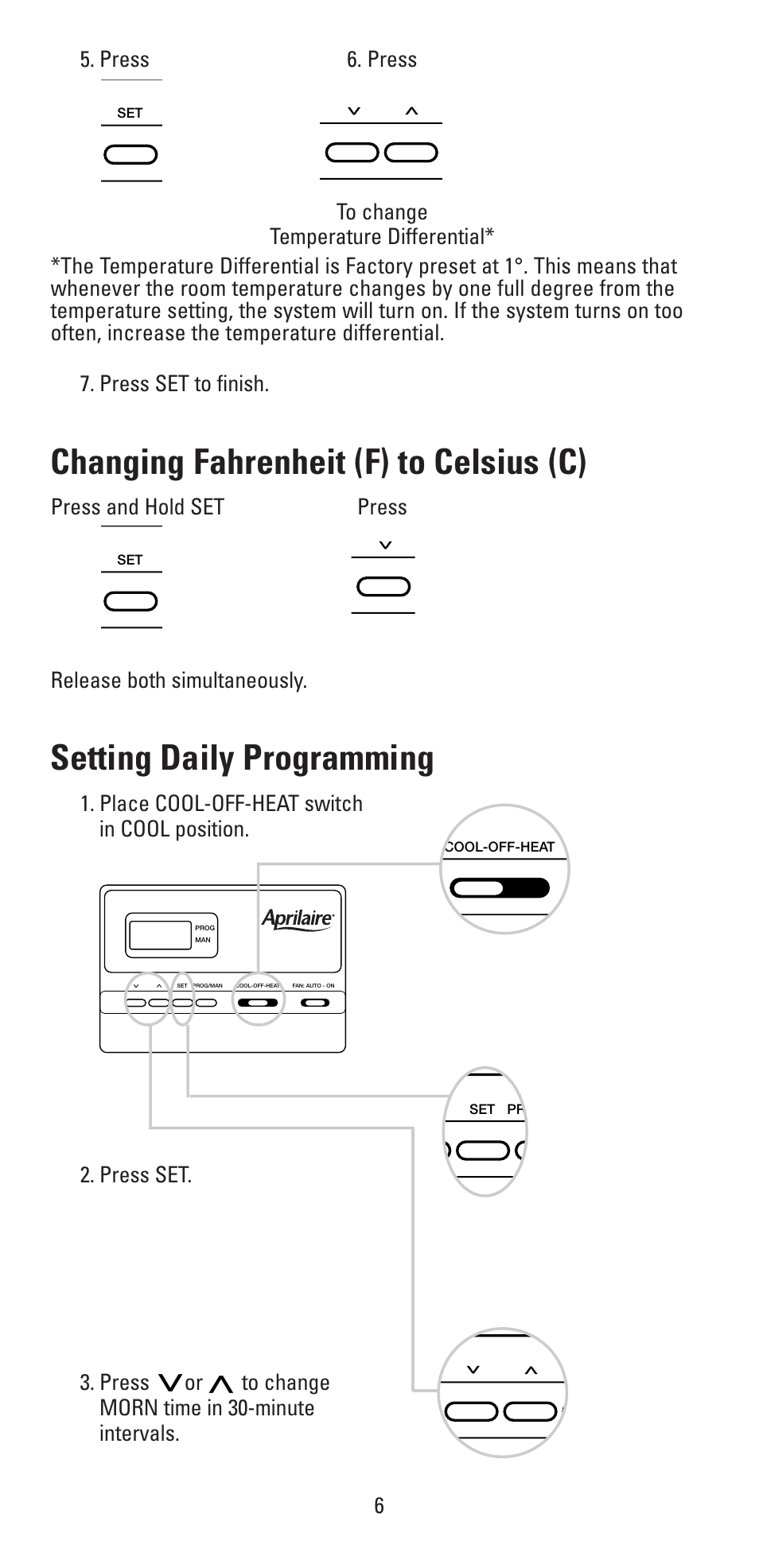Changing fahrenheit (f) to celsius (c), Setting daily programming | Aprilaire 8353 User Manual | Page 6 / 12