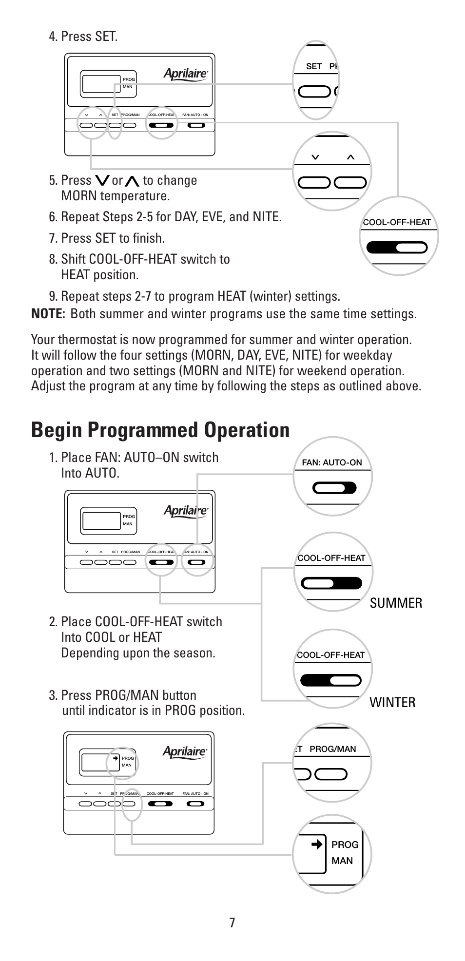 Begin programmed operation, Summer winter | Aprilaire 8353 User Manual | Page 7 / 12