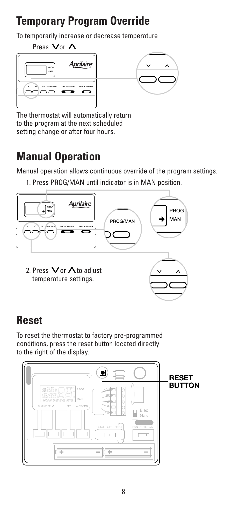 Temporary program override, Manual operation, Reset | Reset button | Aprilaire 8353 User Manual | Page 8 / 12