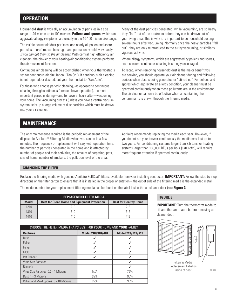 Operation, Maintenance | Aprilaire 1210 User Manual | Page 3 / 4