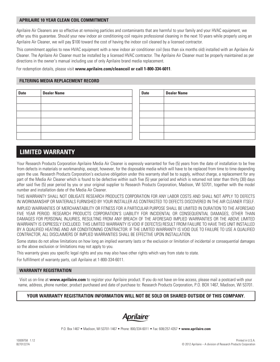 Limited warranty | Aprilaire 1210 User Manual | Page 4 / 4