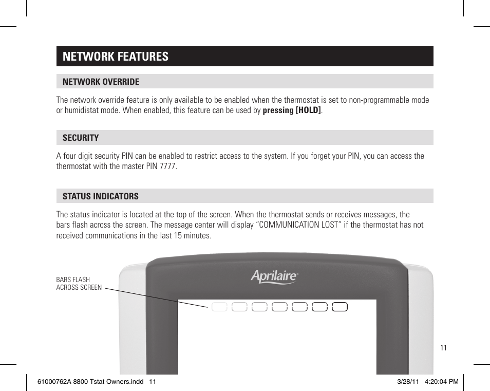 Network features | Aprilaire 8800 UNIVERSAL User Manual | Page 11 / 24