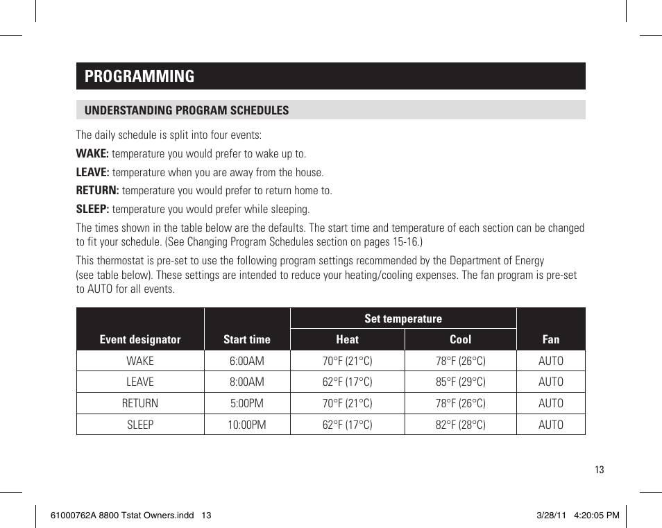Programming | Aprilaire 8800 UNIVERSAL User Manual | Page 13 / 24