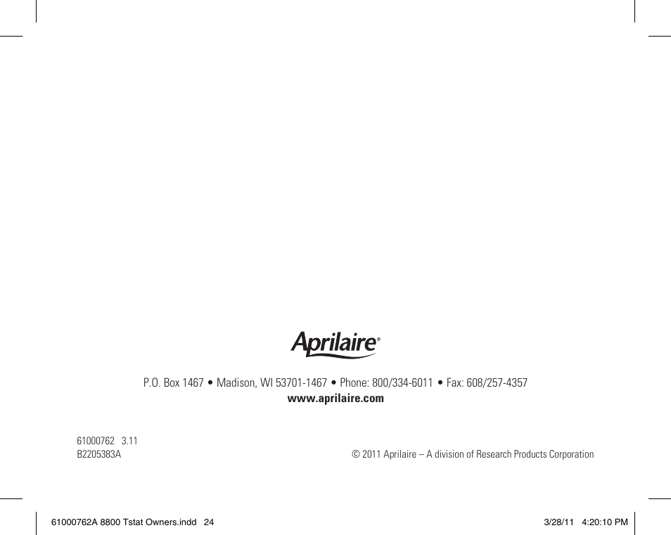 Aprilaire 8800 UNIVERSAL User Manual | Page 24 / 24