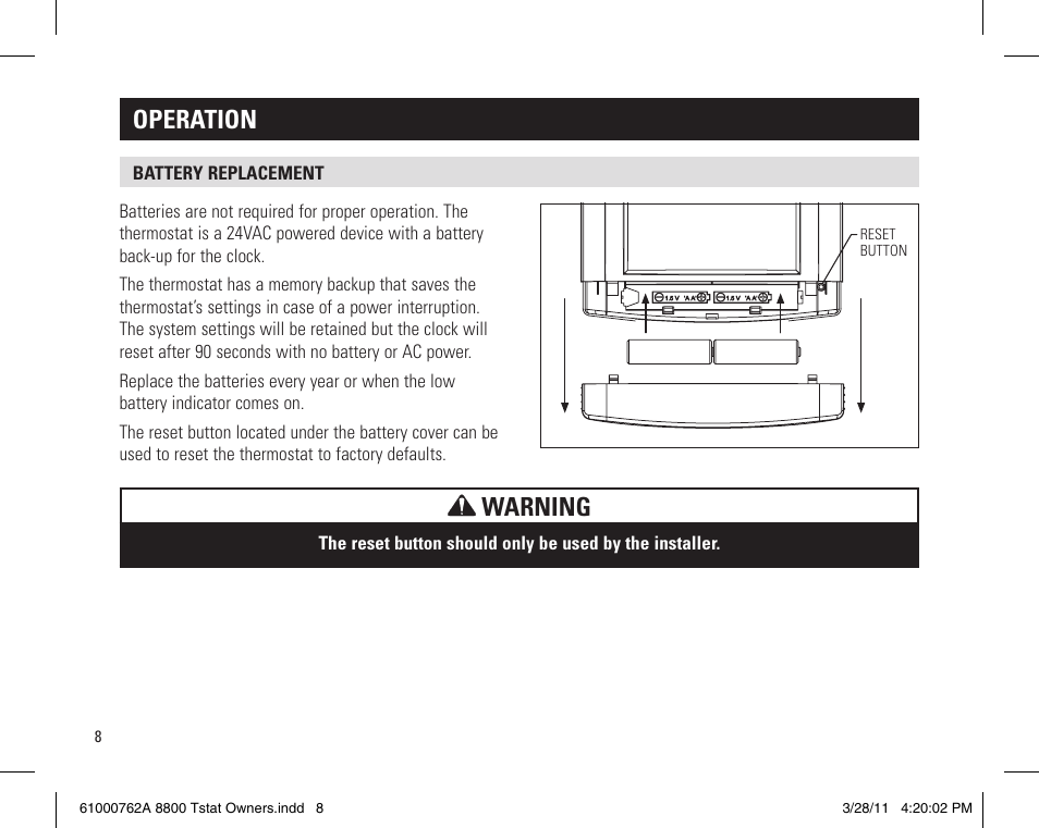 Operation, Warning | Aprilaire 8800 UNIVERSAL User Manual | Page 8 / 24