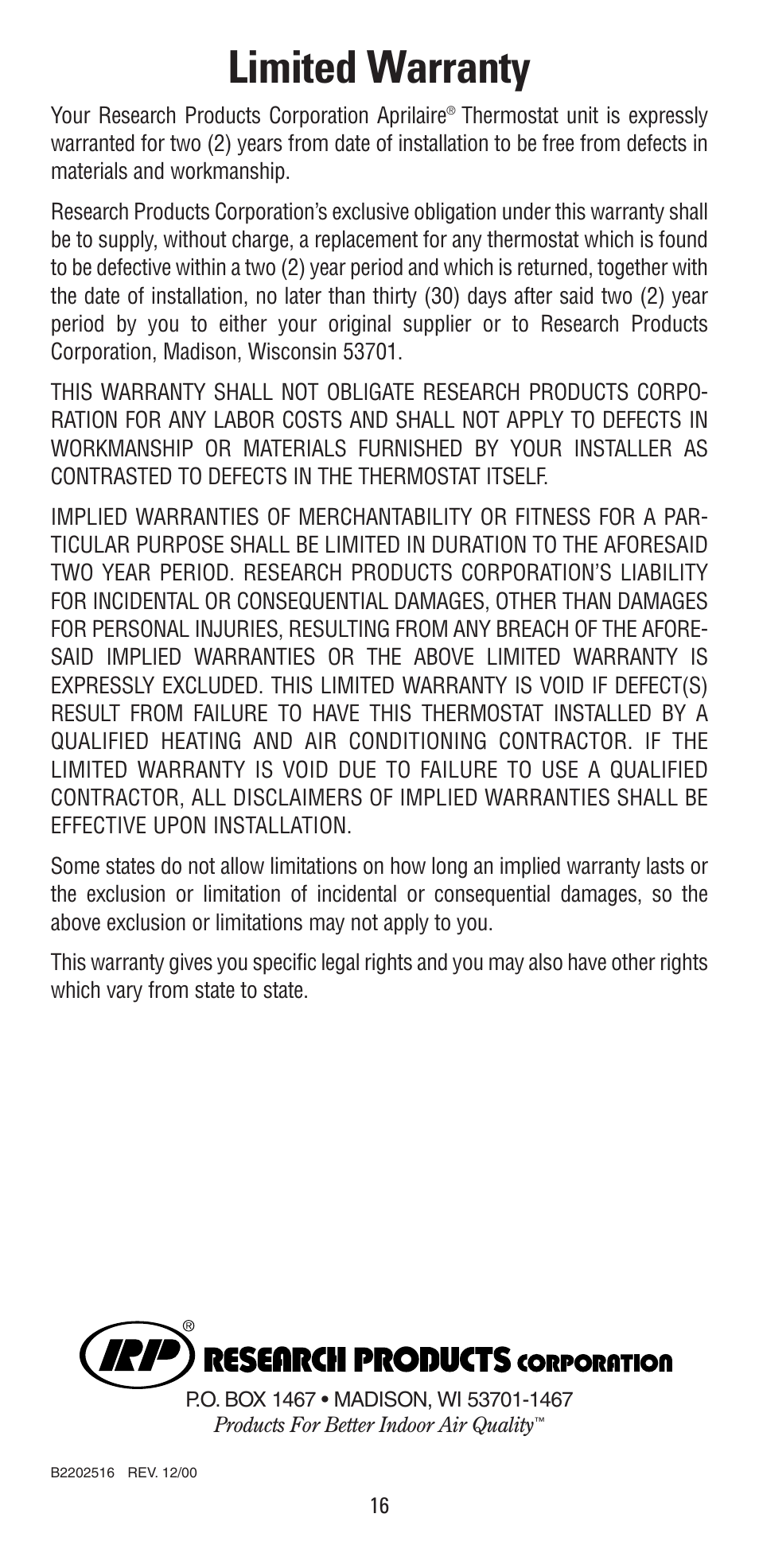 Limited warranty | Aprilaire 8336 User Manual | Page 16 / 16