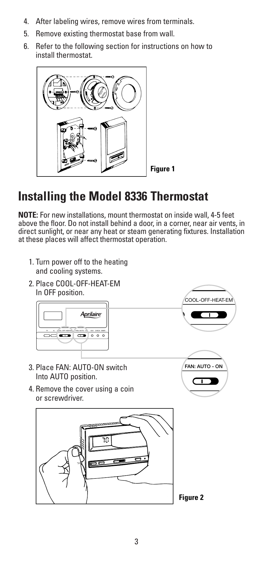 Installing the model 8336 thermostat | Aprilaire 8336 User Manual | Page 3 / 16