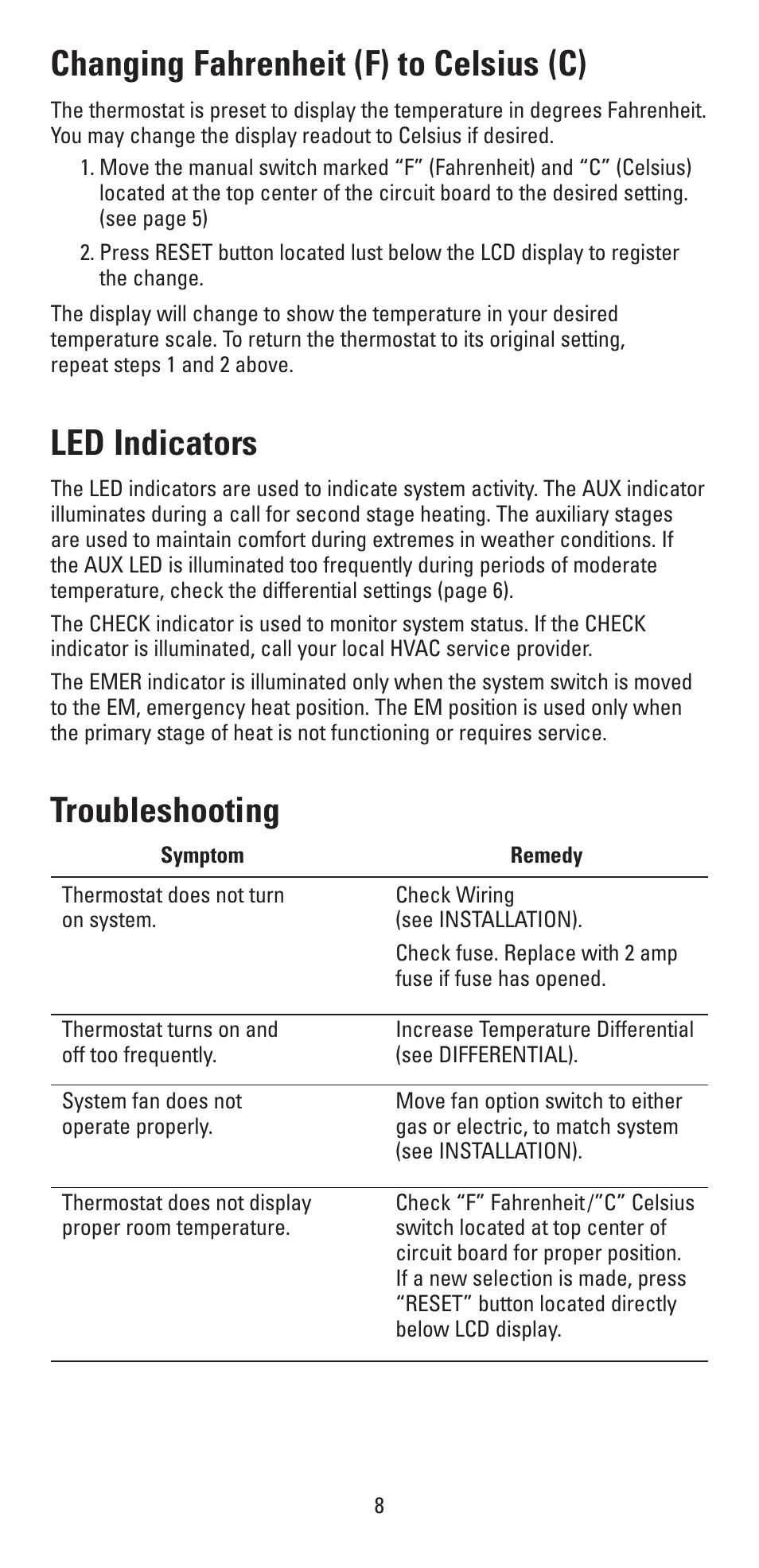 Changing fahrenheit (f) to celsius (c), Led indicators, Troubleshooting | Aprilaire 8336 User Manual | Page 8 / 16