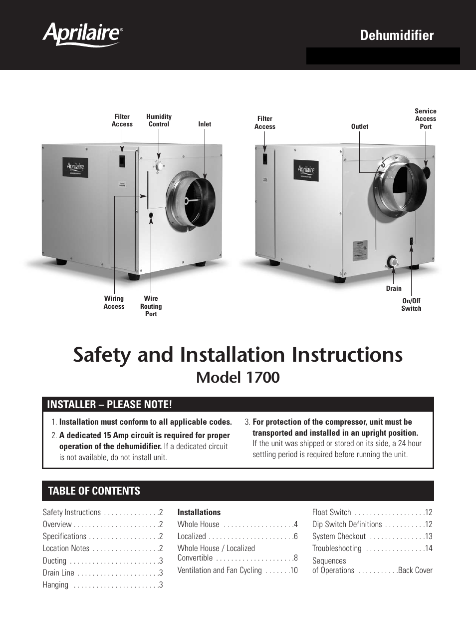 Aprilaire 1700 User Manual | 16 pages