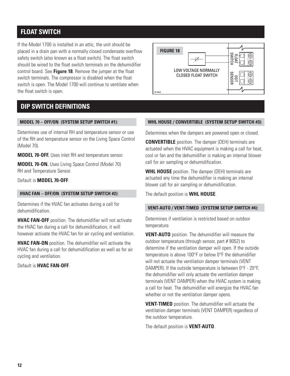 Dip switch definitions, Float switch | Aprilaire 1700 User Manual | Page 12 / 16