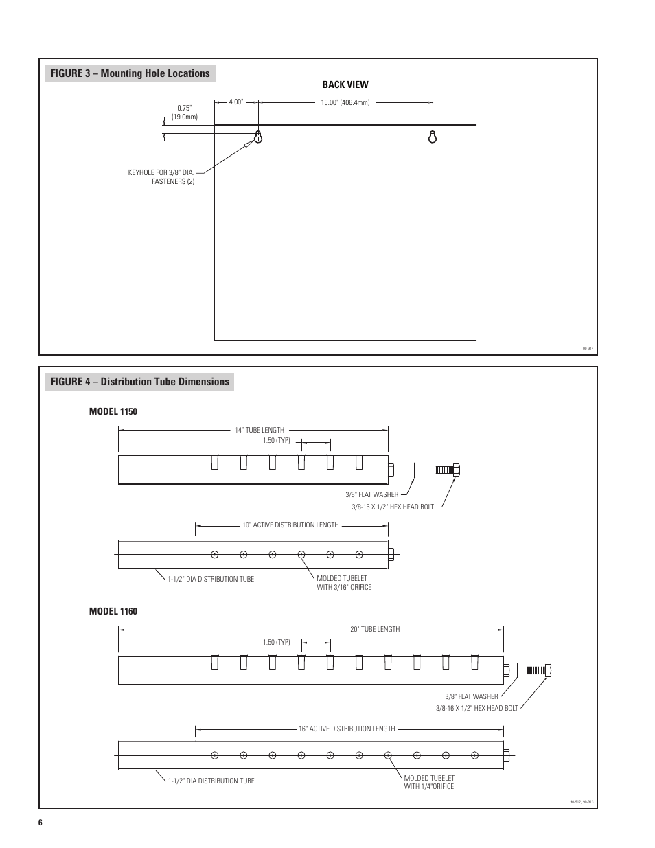 Figure 3 – mounting hole locations, Figure 4 – distribution tube dimensions | Aprilaire 1150 User Manual | Page 6 / 40