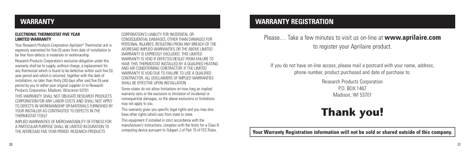 Warranty, Warranty registration | Aprilaire 8570 User Manual | Page 12 / 13