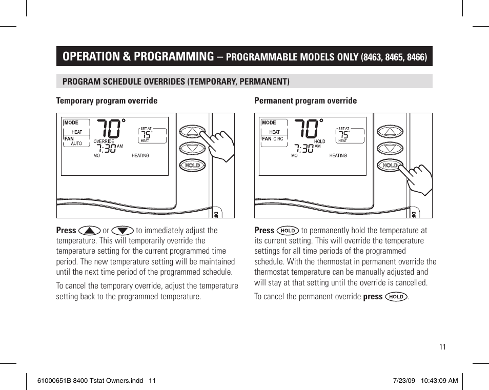 Operation & programming | Aprilaire 8400 User Manual | Page 11 / 12