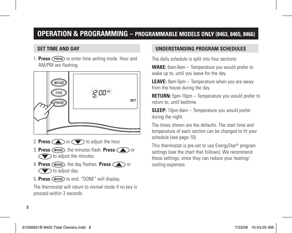 Operation & programming | Aprilaire 8400 User Manual | Page 8 / 12