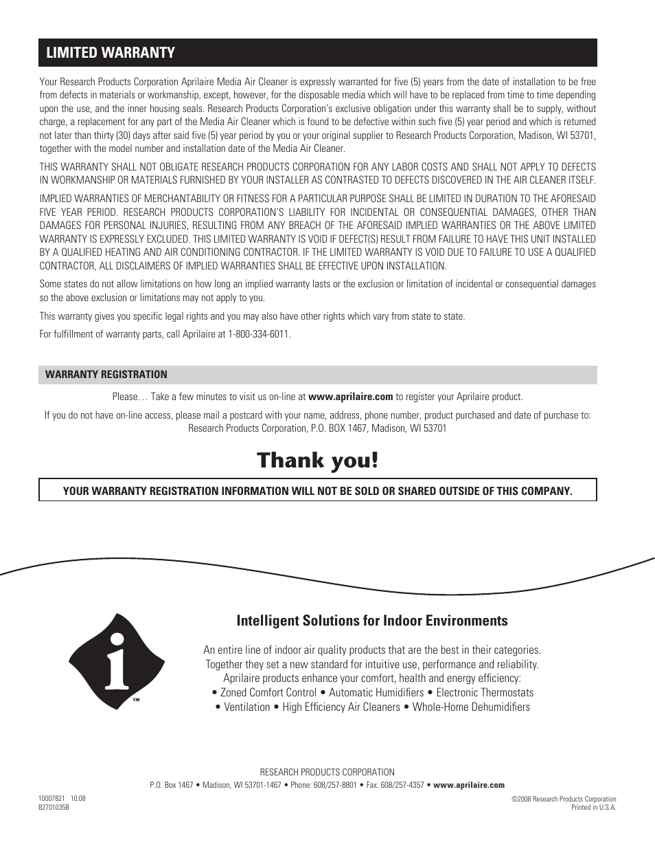 Intelligent solutions for indoor environments, Limited warranty | Aprilaire 4200 User Manual | Page 8 / 8