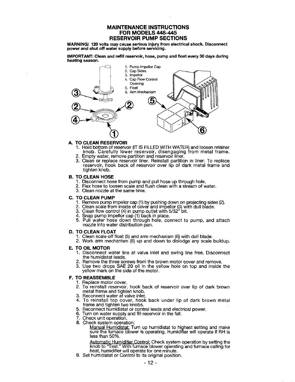 A. to clean reservoir, B. to clean hose, C. to clean pump | D. to clean float, E. to oil motor, F. to reassemble | Aprilaire 220 User Manual | Page 14 / 20