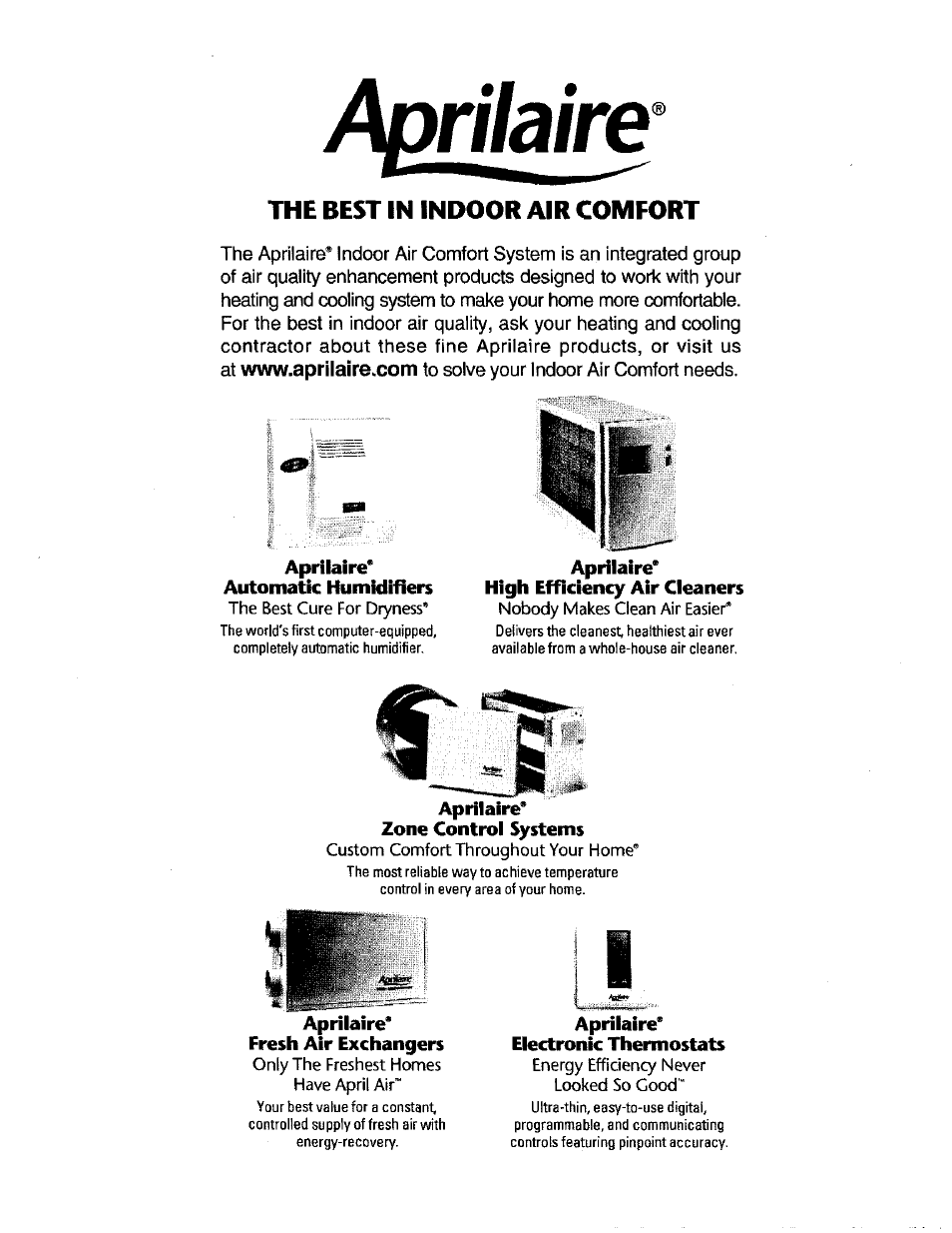 The best in indoor air comfort, Aprilaire | Aprilaire 220 User Manual | Page 19 / 20