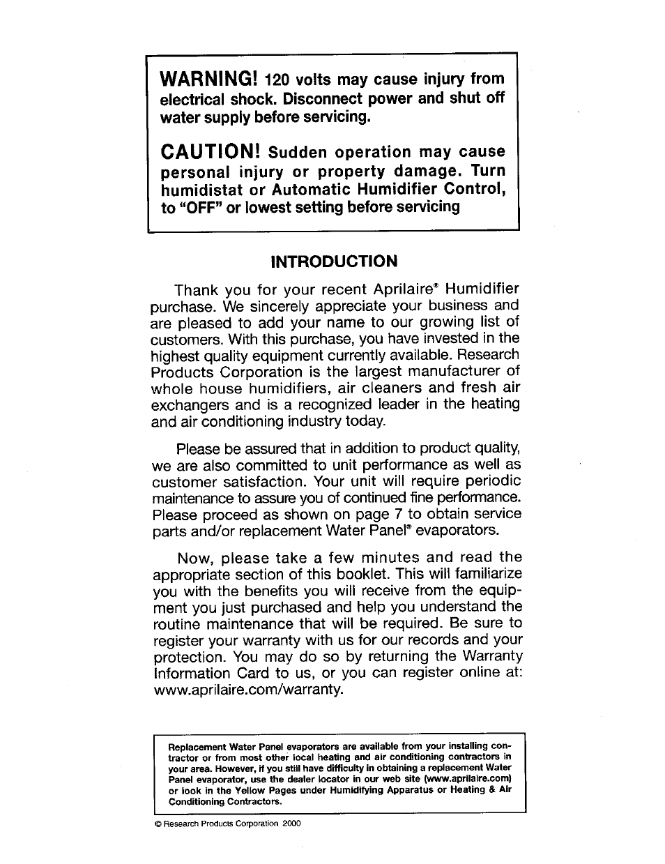 Introduction, Warning, Caution | Aprilaire 220 User Manual | Page 2 / 20