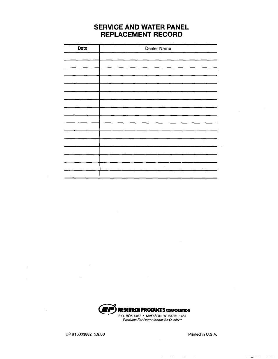 Service and water panel replacement record, Rescmkh pmdiicre «nwowmon | Aprilaire 220 User Manual | Page 20 / 20