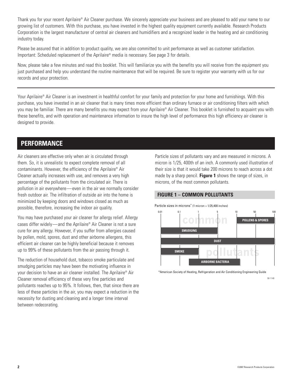 Performance, Figure 1 – common pollutants | Aprilaire 2400 User Manual | Page 2 / 4