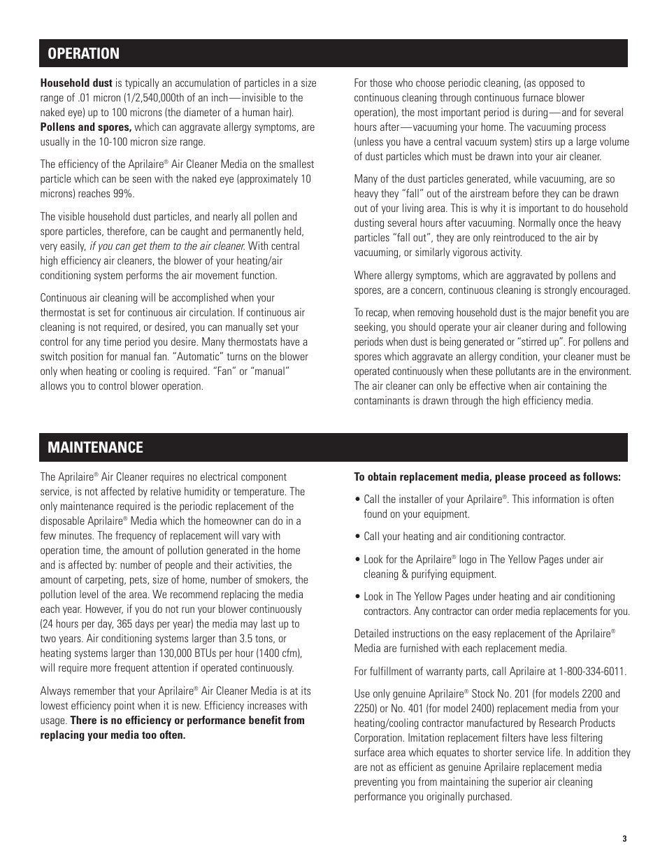 Maintenance, Operation | Aprilaire 2400 User Manual | Page 3 / 4