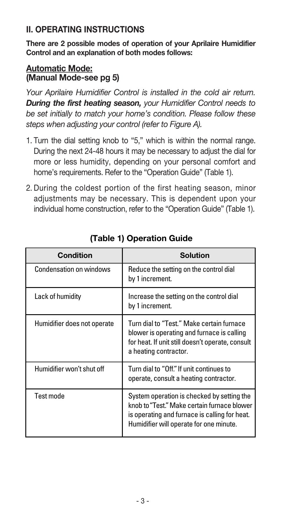 Ii. operating instructions, Automatic mode: (manual mode-see pg 5) | Aprilaire 600 User Manual | Page 5 / 20