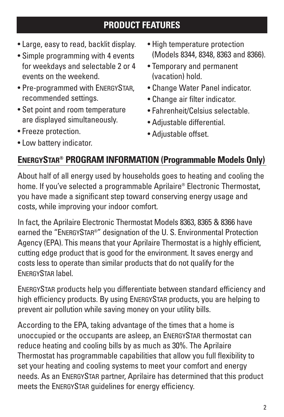 Program information (programmable models only), Product features | Aprilaire 8366 User Manual | Page 3 / 16