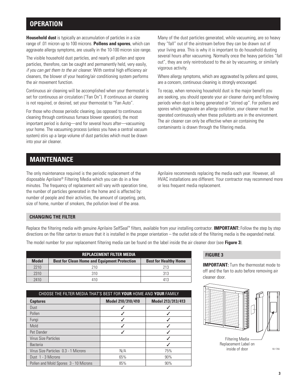 Operation, Maintenance | Aprilaire 2310 User Manual | Page 3 / 4