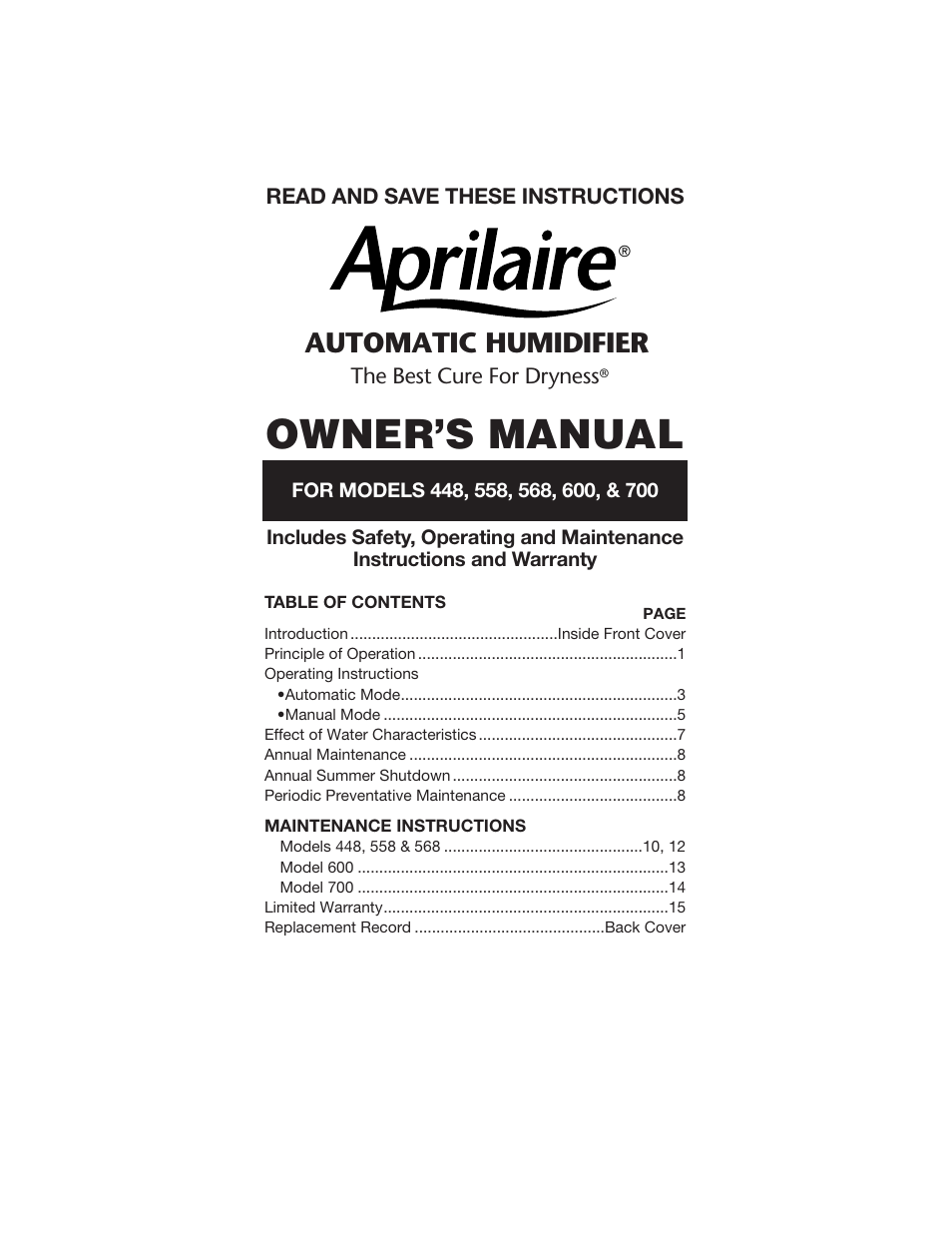 Aprilaire 448 User Manual | 20 pages