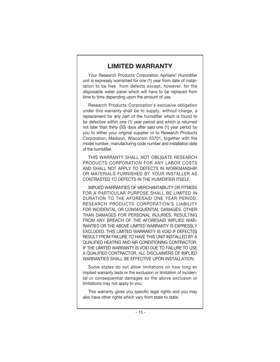 Limited warranty | Aprilaire 448 User Manual | Page 17 / 20