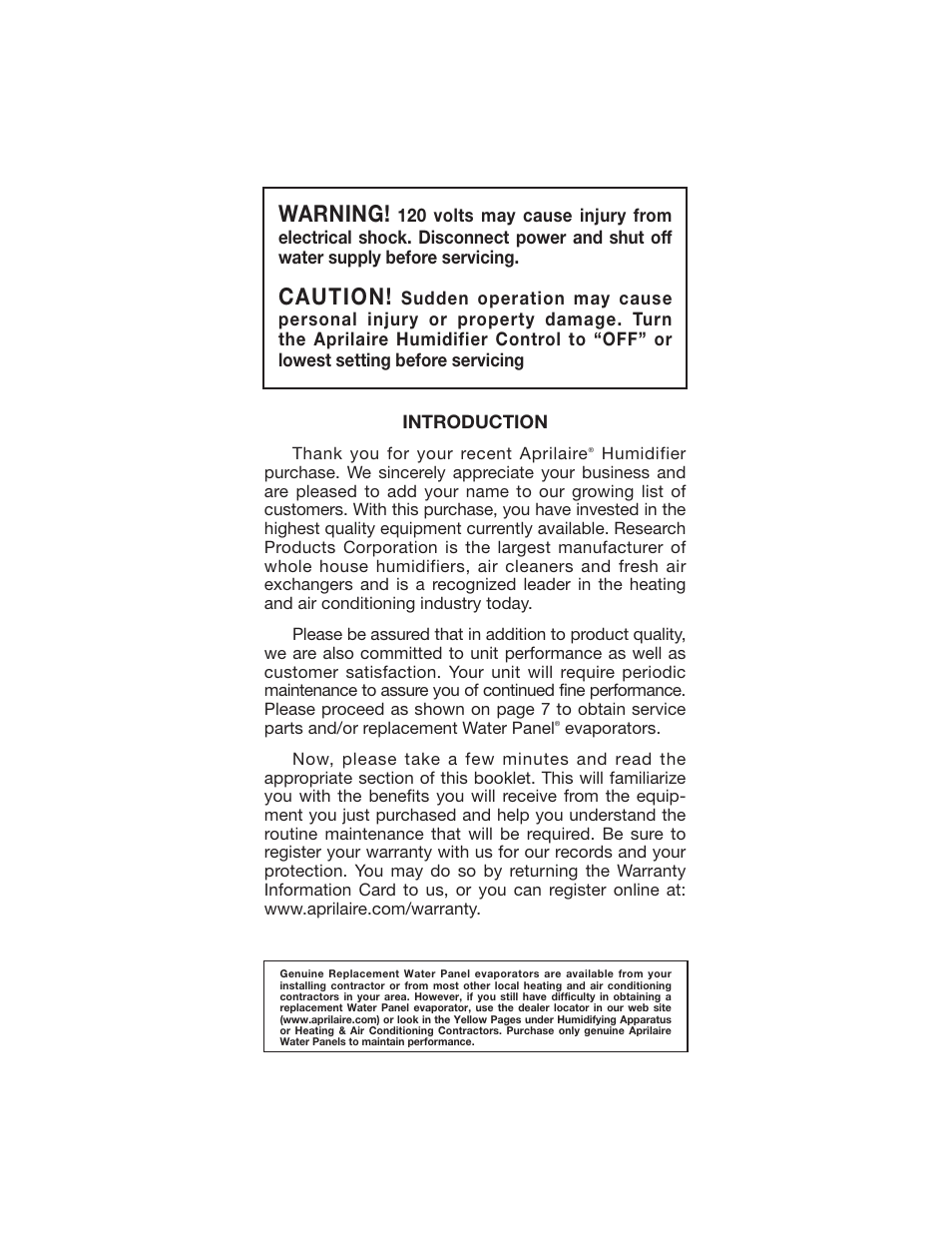 Warning, Caution | Aprilaire 448 User Manual | Page 2 / 20