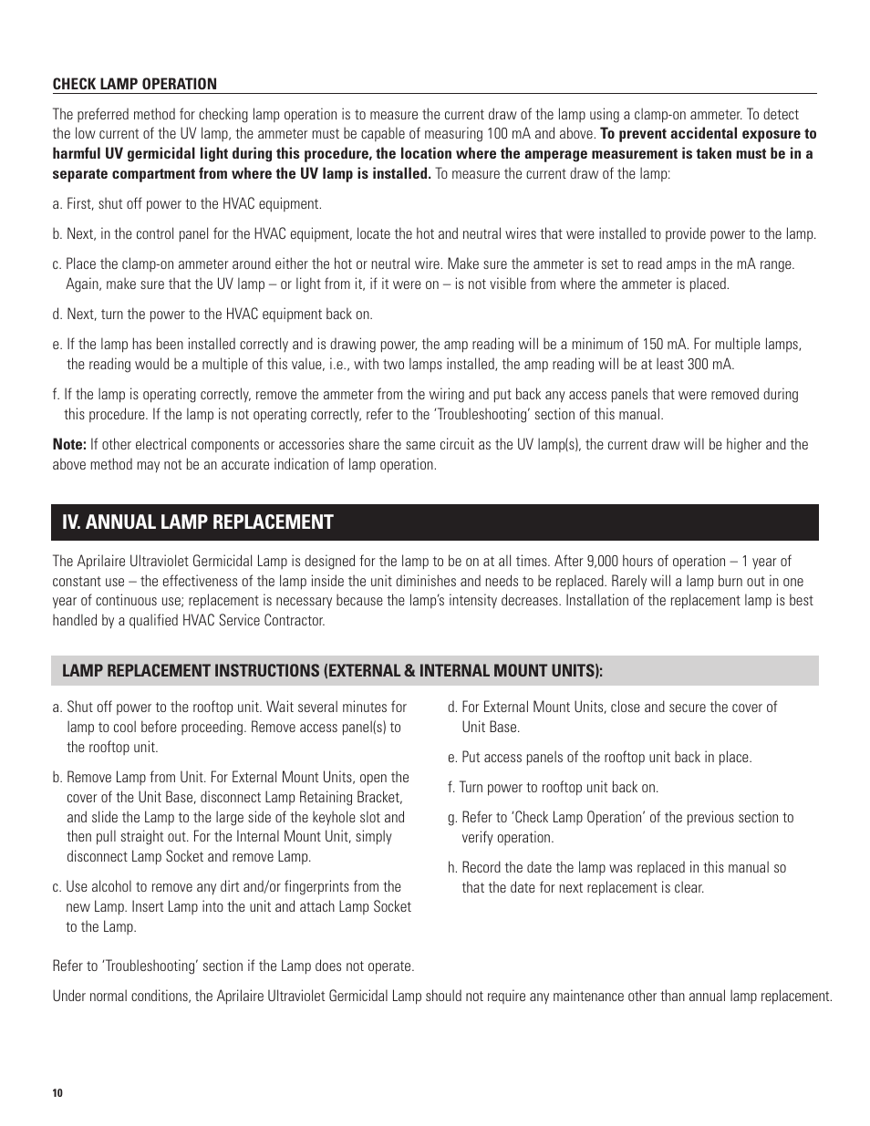 Iv. annual lamp replacement | Aprilaire 1953 & 1972 User Manual | Page 10 / 12