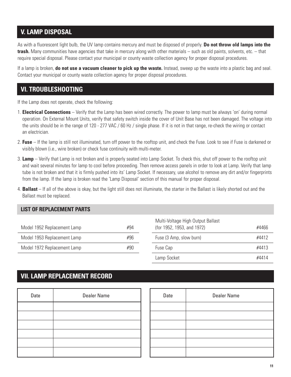 Vi. troubleshooting, V. lamp disposal, Vii. lamp replacement record | Aprilaire 1953 & 1972 User Manual | Page 11 / 12