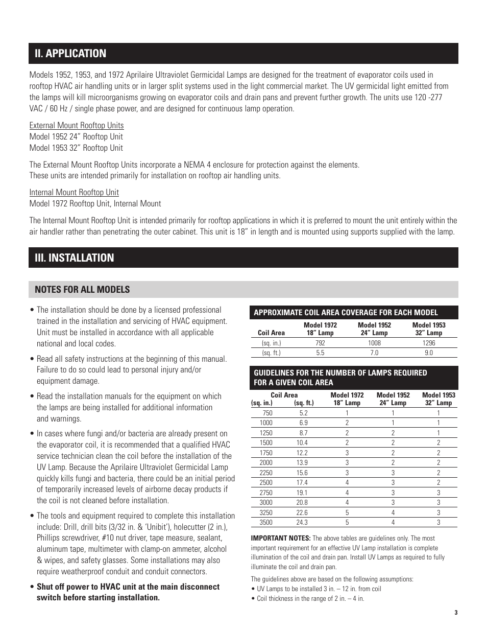 Ii. application, Iii. installation | Aprilaire 1953 & 1972 User Manual | Page 3 / 12