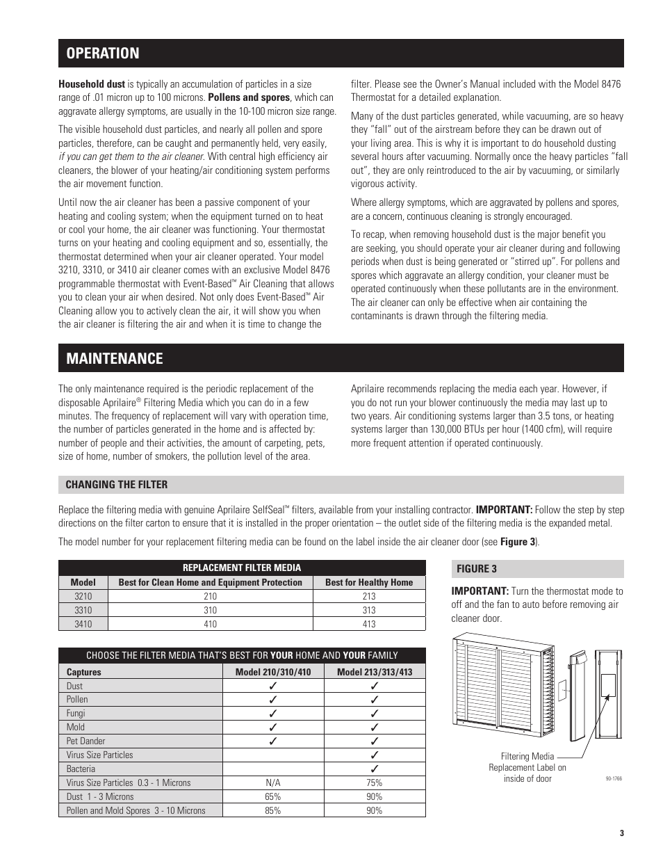 Operation, Maintenance | Aprilaire 3410 User Manual | Page 3 / 4