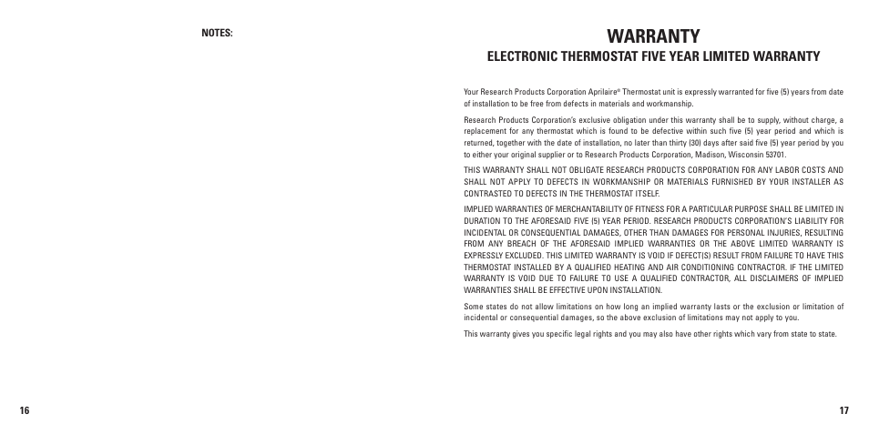 Warranty, Electronic thermostat five year limited warranty | Aprilaire 8870 User Manual | Page 10 / 11