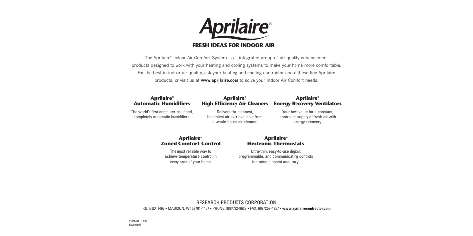 Fresh ideas for indoor air | Aprilaire 8870 User Manual | Page 11 / 11
