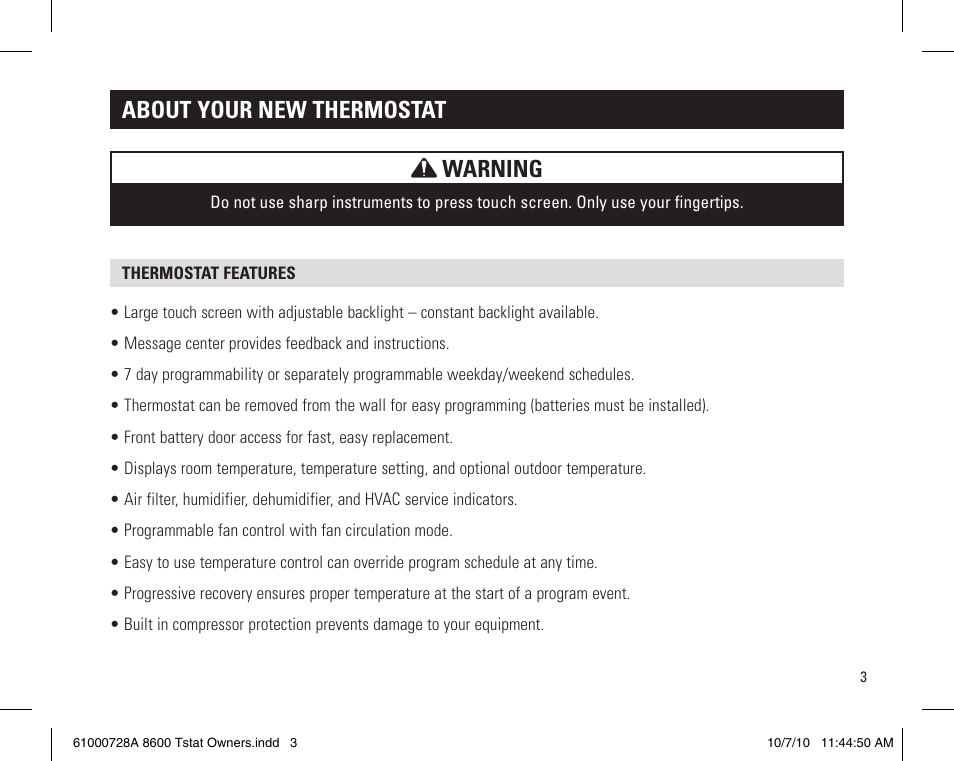 Warning, About your new thermostat | Aprilaire 8600 User Manual | Page 3 / 20