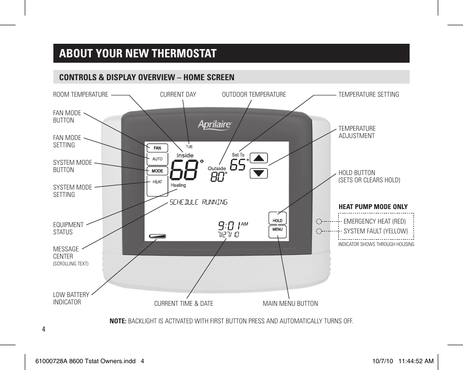 About your new thermostat, Controls & display overview – home screen | Aprilaire 8600 User Manual | Page 4 / 20