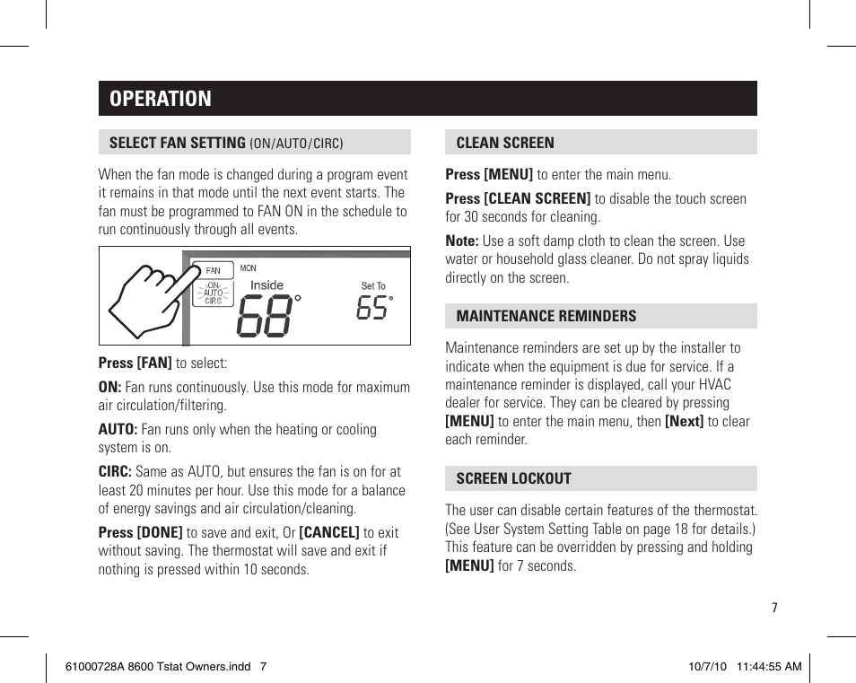 Operation | Aprilaire 8600 User Manual | Page 7 / 20