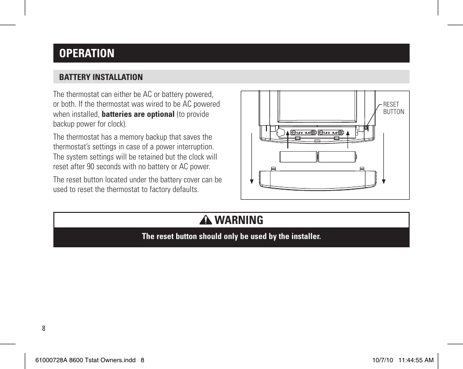 Operation, Warning | Aprilaire 8600 User Manual | Page 8 / 20