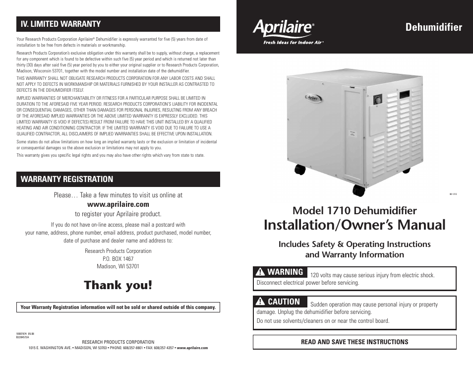 Aprilaire 1710 User Manual | 2 pages