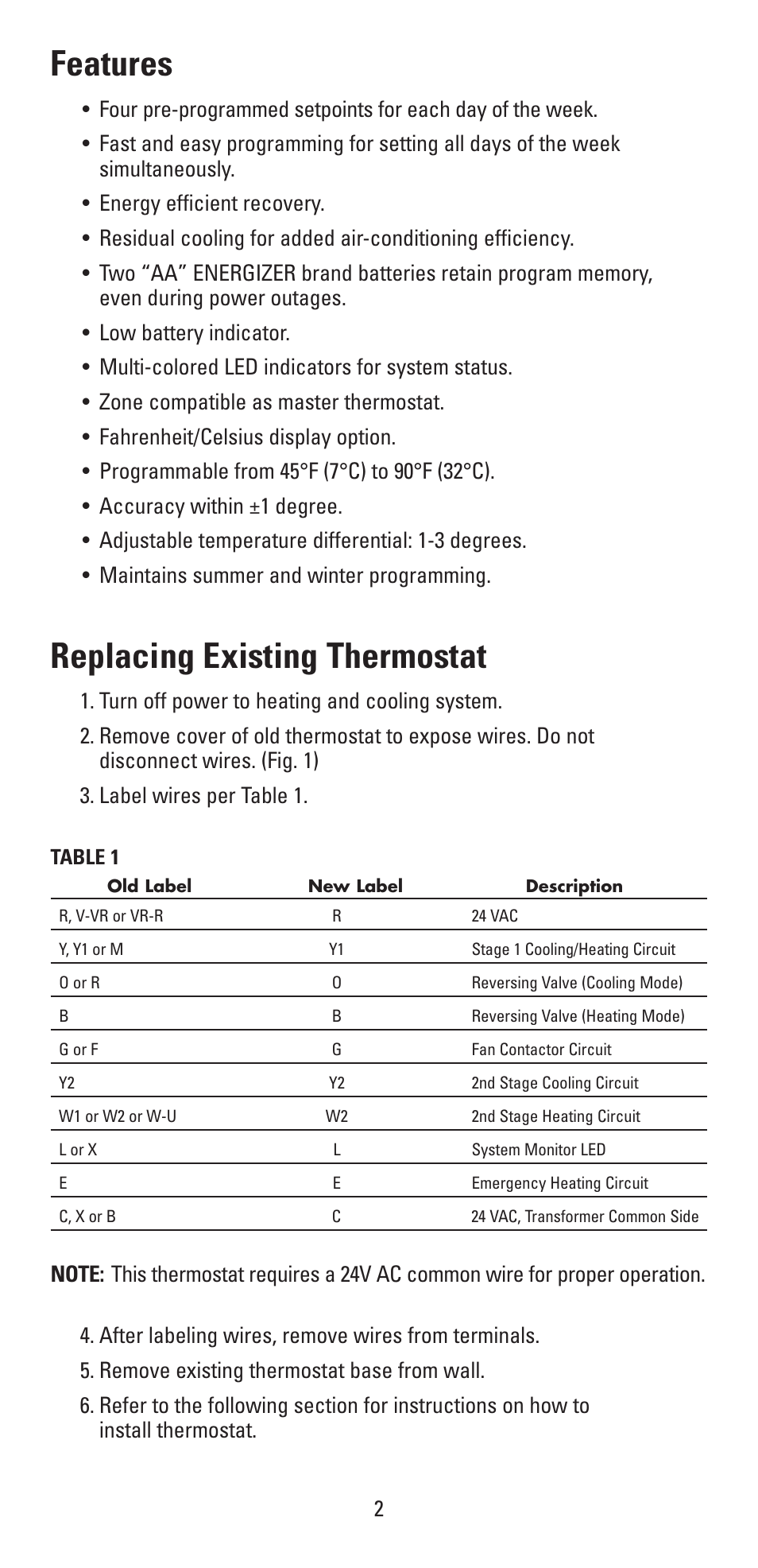 Features, Replacing existing thermostat | Aprilaire 8355 User Manual | Page 2 / 16
