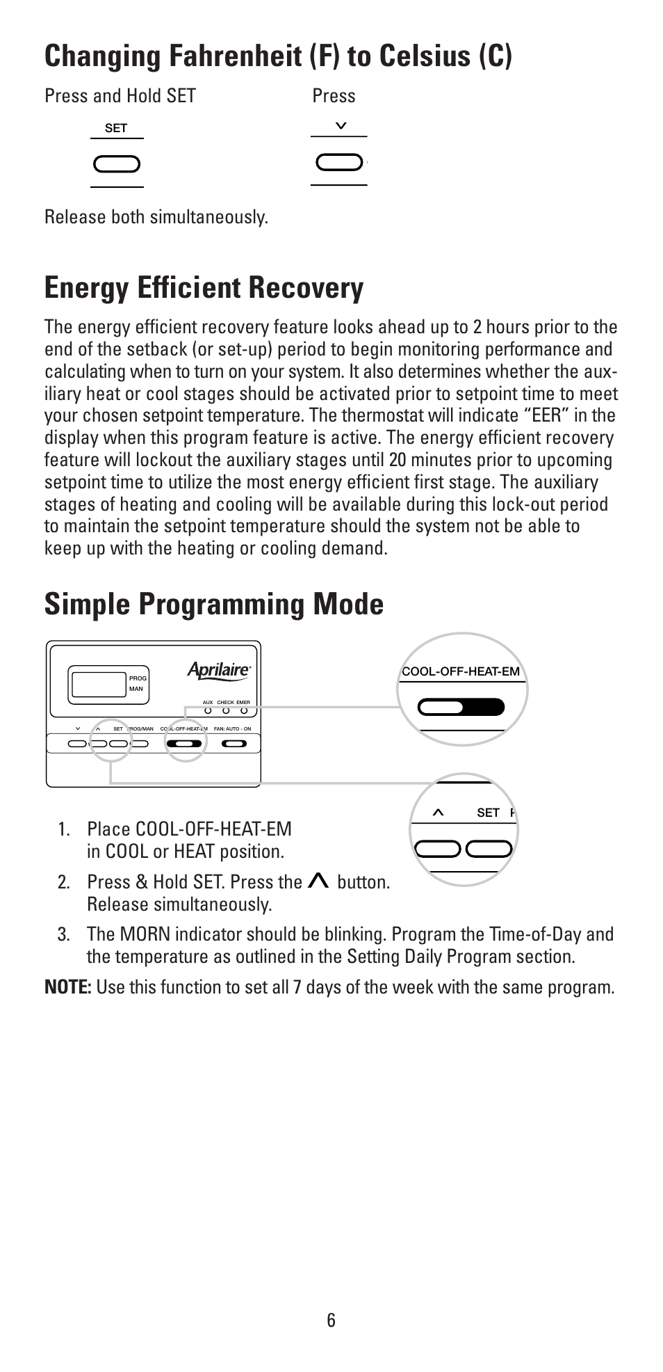 Changing fahrenheit (f) to celsius (c), Energy efficient recovery, Simple programming mode | Aprilaire 8355 User Manual | Page 6 / 16