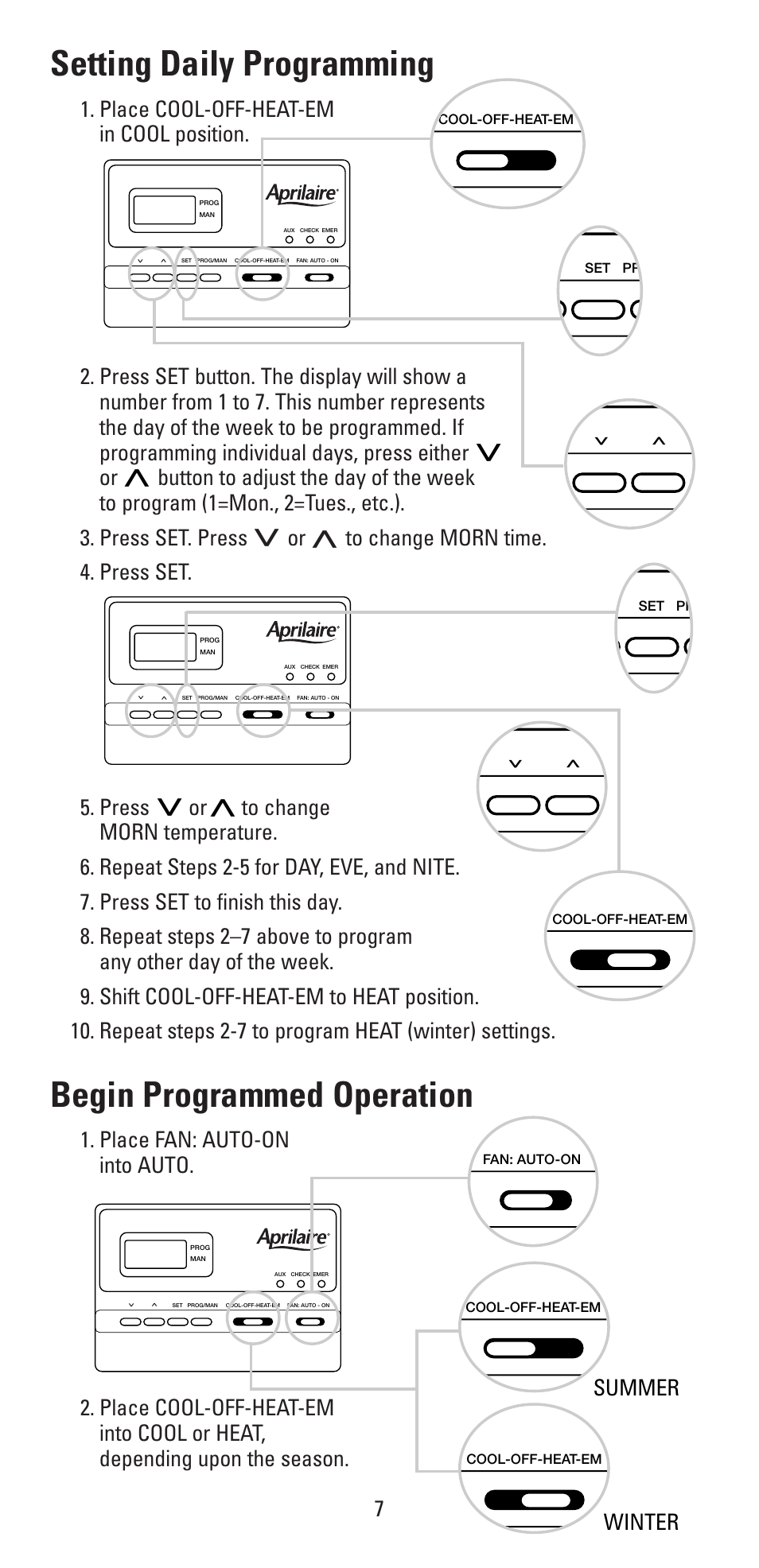 Setting daily programming, Begin programmed operation, Summer winter | Aprilaire 8355 User Manual | Page 7 / 16