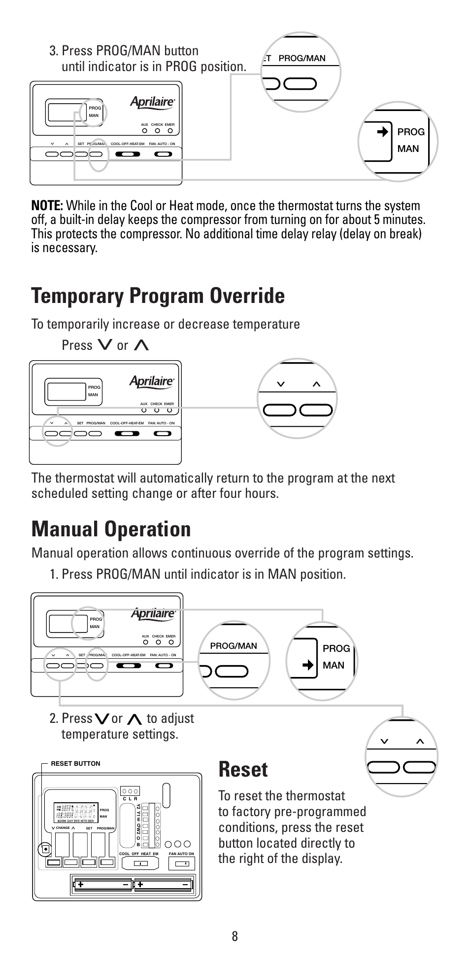 Temporary program override, Manual operation, Reset | Aprilaire 8355 User Manual | Page 8 / 16
