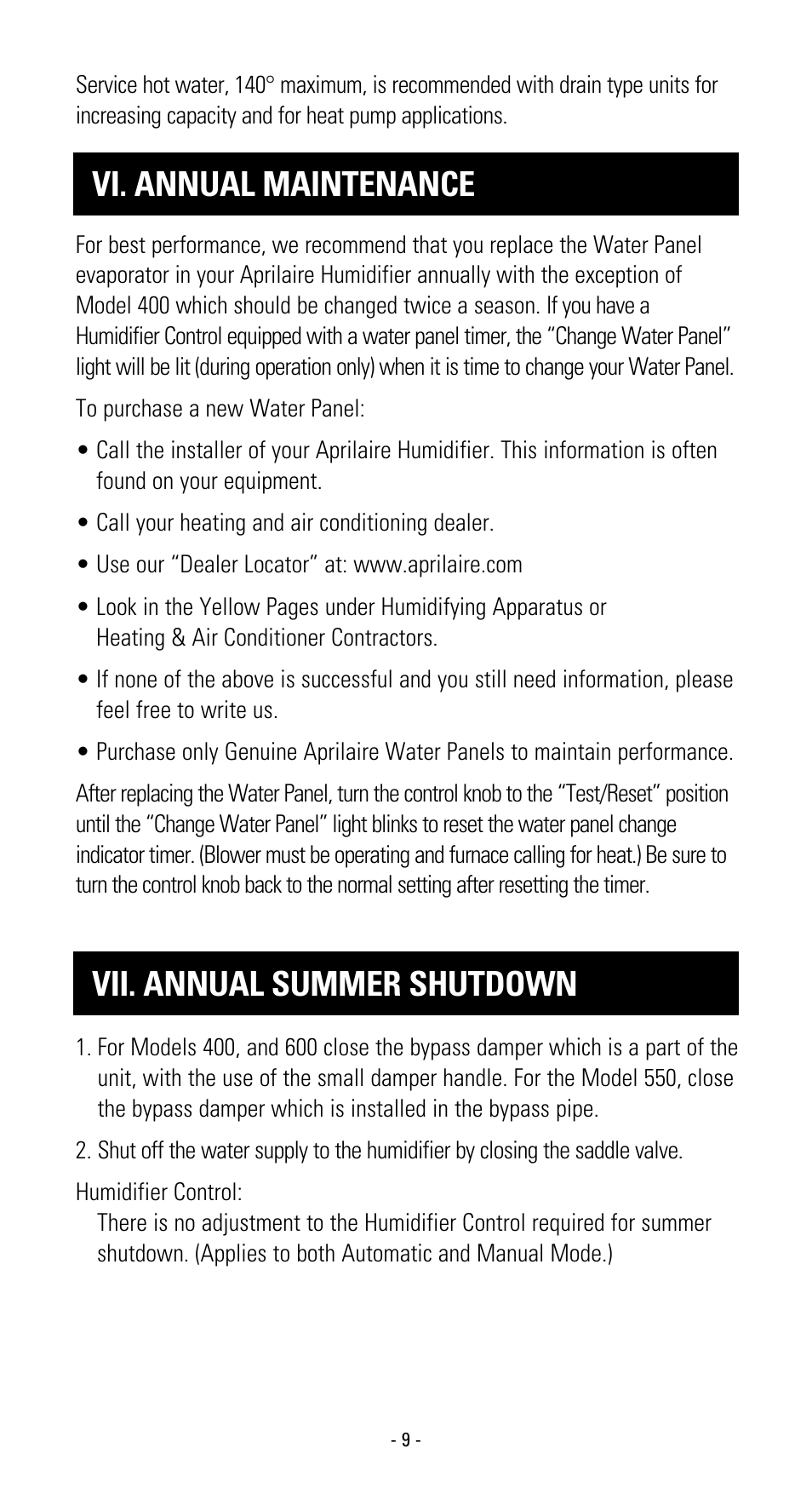 Vi. annual maintenance vii. annual summer shutdown | Aprilaire 600 User Manual | Page 11 / 20
