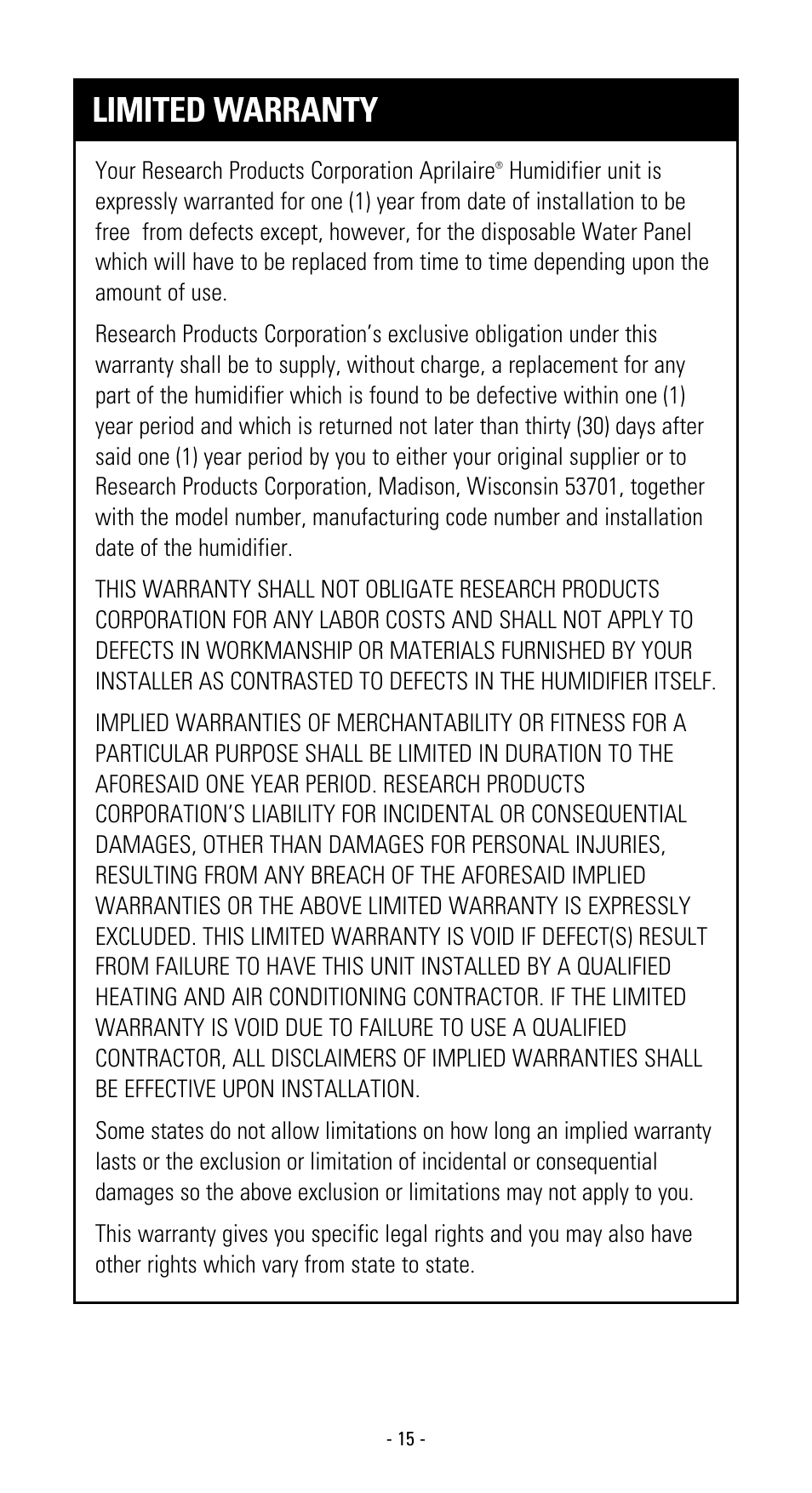 Limited warranty | Aprilaire 600 User Manual | Page 17 / 20