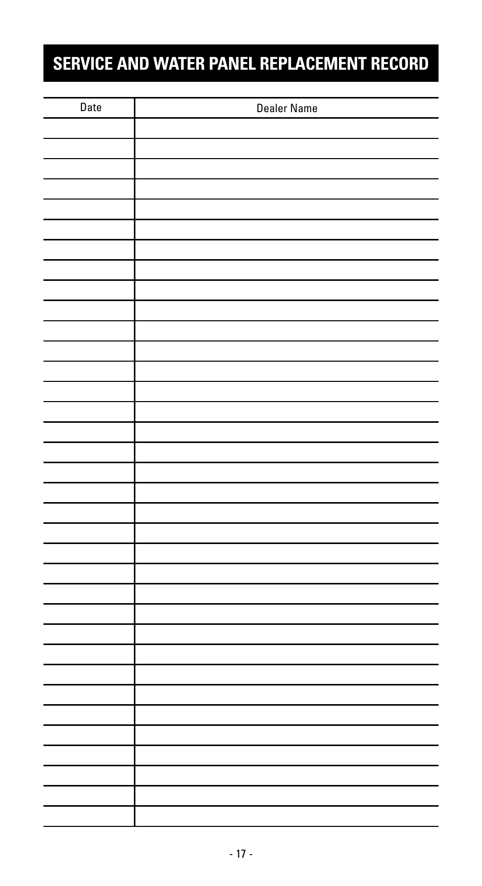 Service and water panel replacement record | Aprilaire 600 User Manual | Page 19 / 20