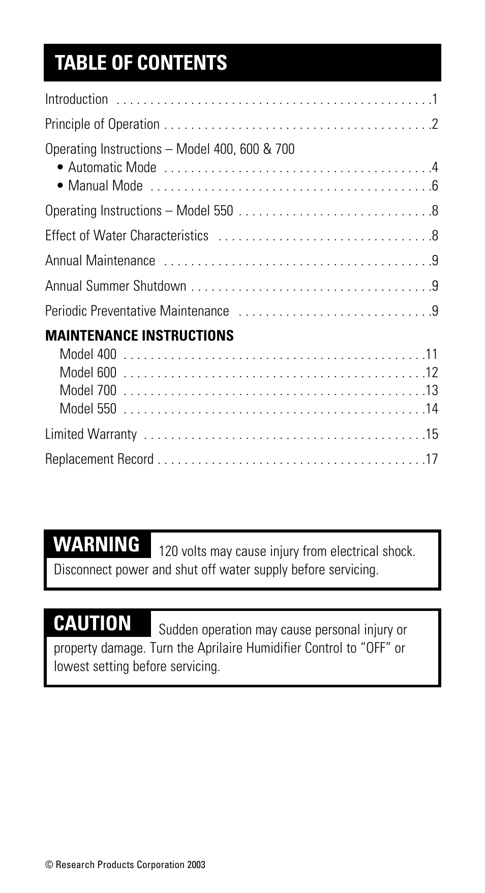 Table of contents warning, Caution | Aprilaire 600 User Manual | Page 2 / 20